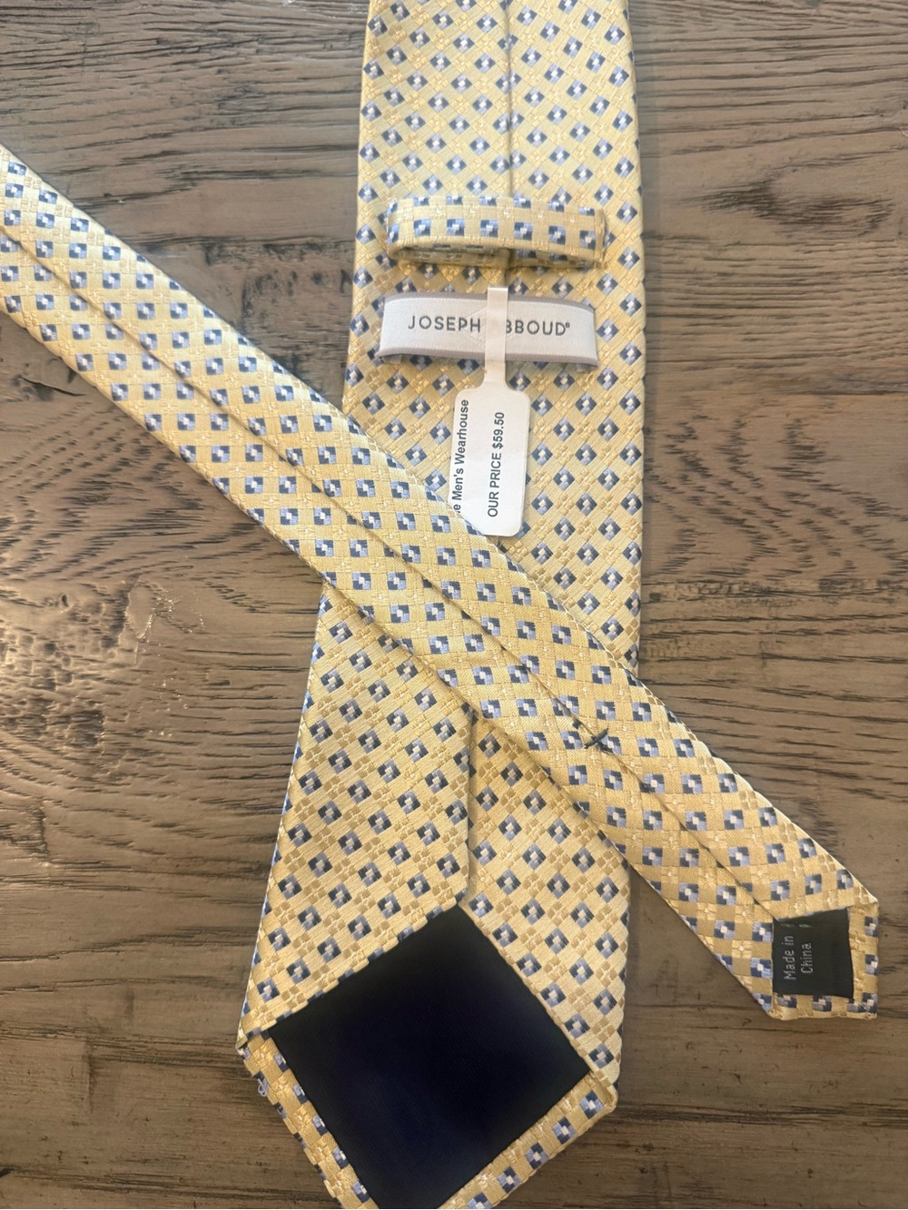 Joseph Abboud Yellow Silk Tie with Blue and White Geometric Motif